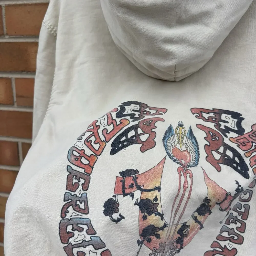 Y2K True Religion M Graphic Print Hoodie Sweatshirt Cream Streetwear Vtg Flaws